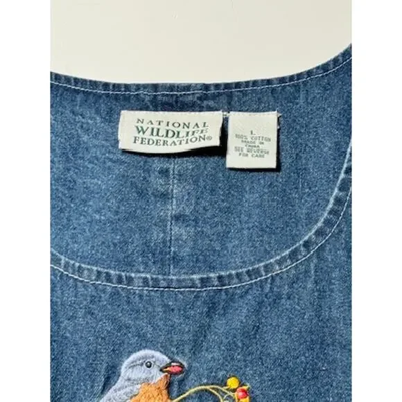 Vintage National Wildlife Federation Denim Jumper Dress Birds Pockets Large - Picture 3 of 10